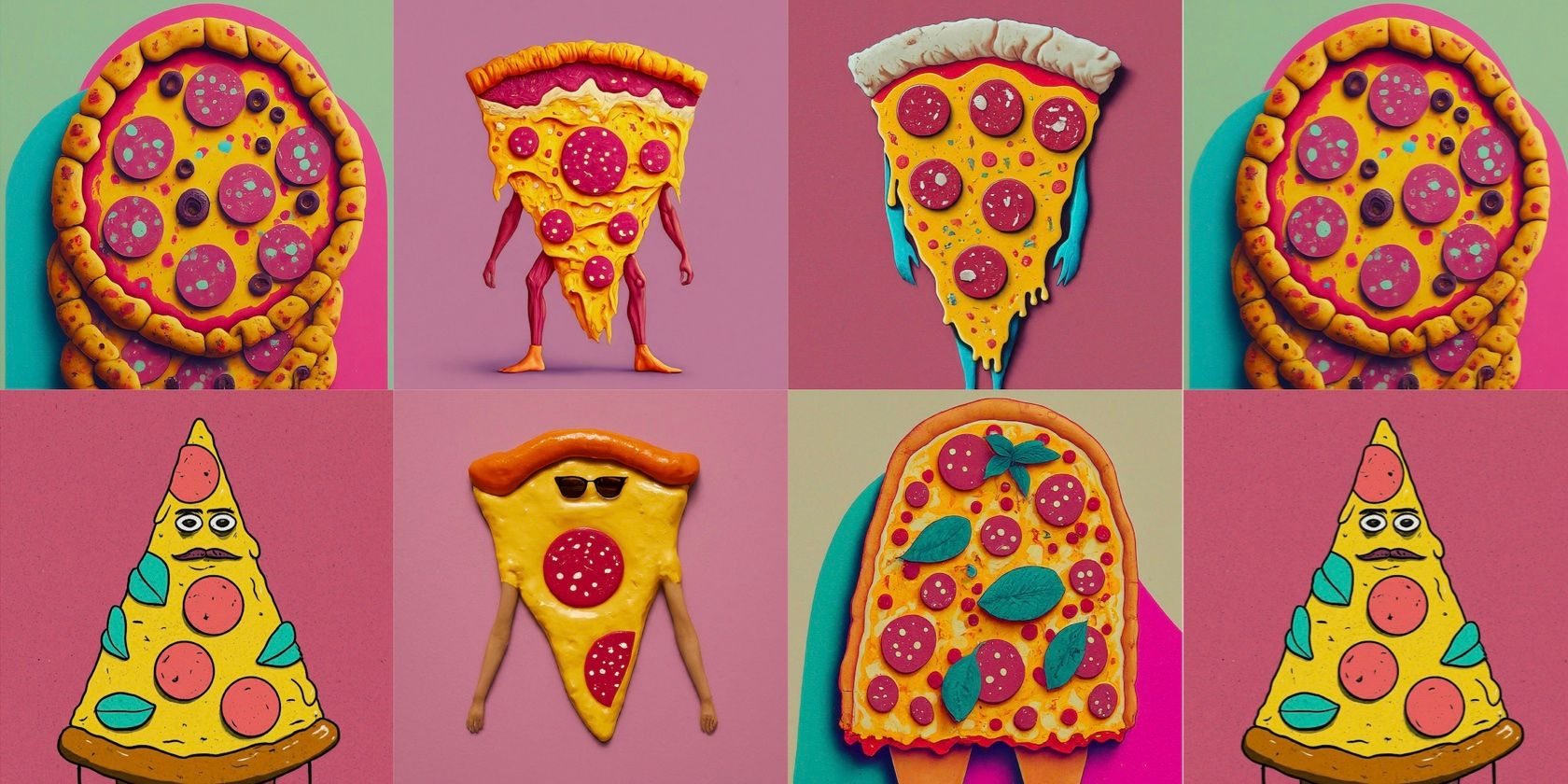 a collage of colorful illustrated pizza iamges made using imagefx by google