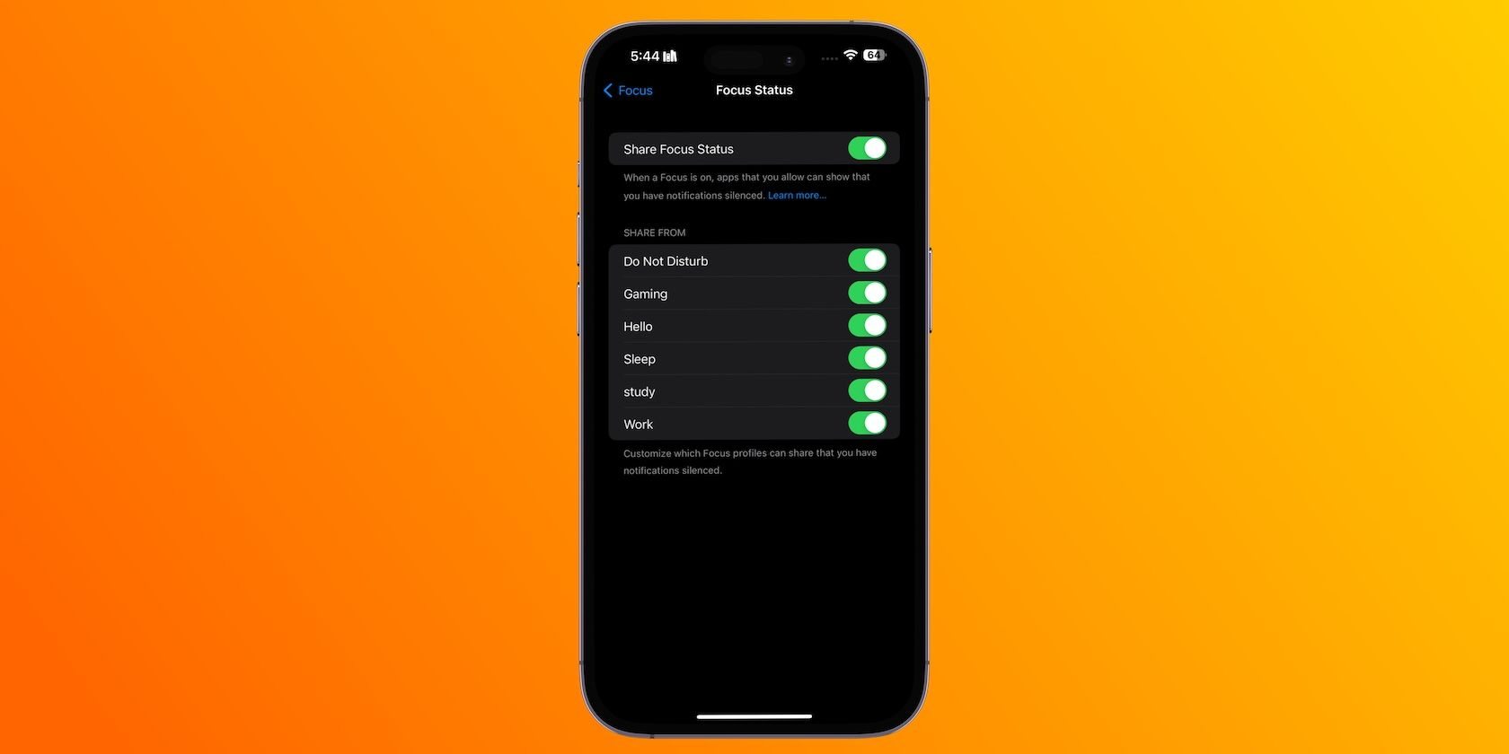 focus status settings on an iphone